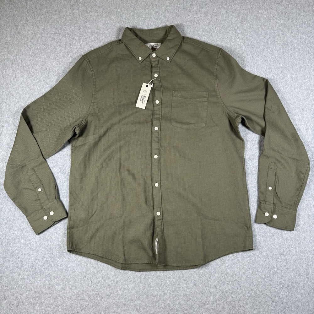 NWT Original Penguin by Munsingwear Men's Olive Waffle Button Down Shirt L‎